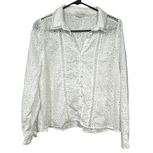 Jennifer Grace White Cotton Eyelet Lace Button Down Blouse Top L Cottagecore